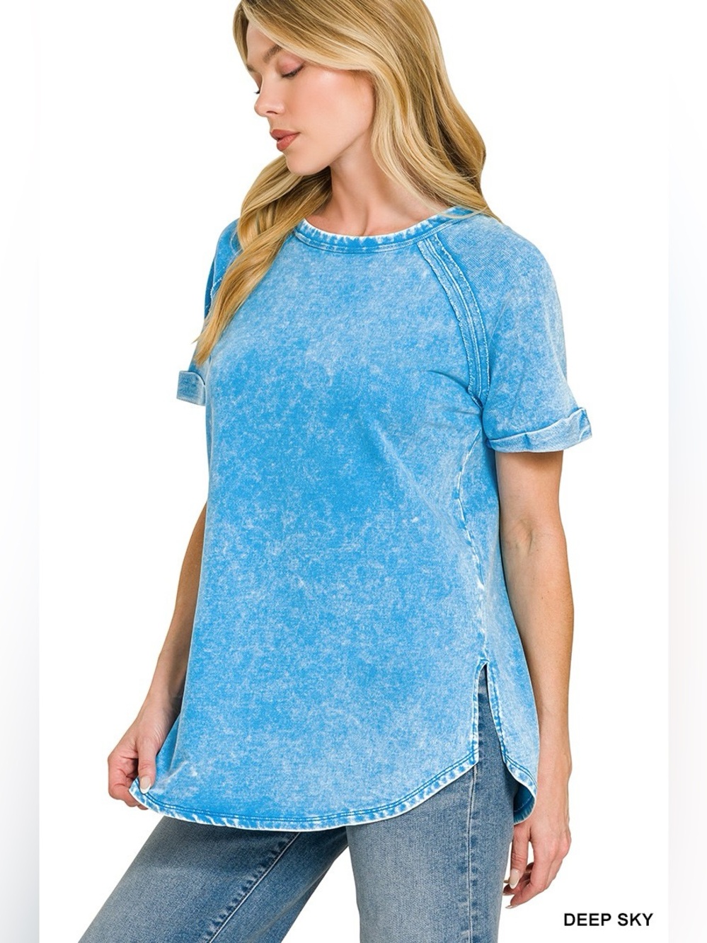 💙 Zenana French Terry Washed Curved Hem Top 💙🛍️ - Picture 2 of 5